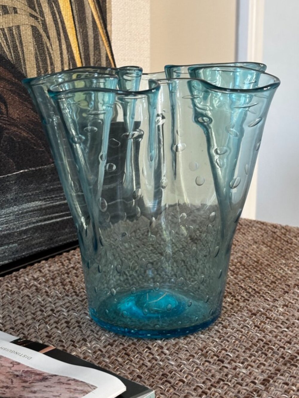 Hand Blown Aqua Blue Bubble Glass Vase Ruffled Handkerchief Mid-Century Modern